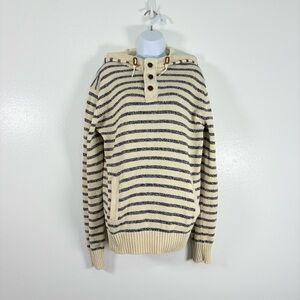 H&M Logg Striped Knit Hoodie Cream & Gray/Blue Striped Men's Sweater SzL Preppy
